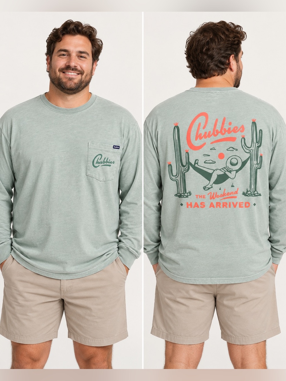 chubbies Sage Green Long-Sleeve Pocket Tee with Coral Back Graphic 2